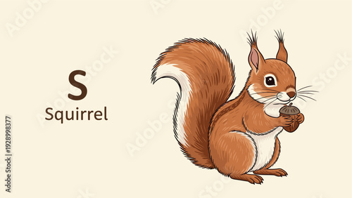 Educational illustration for the letter S featuring a realistic brown squirrel holding an acorn on a cream base.
