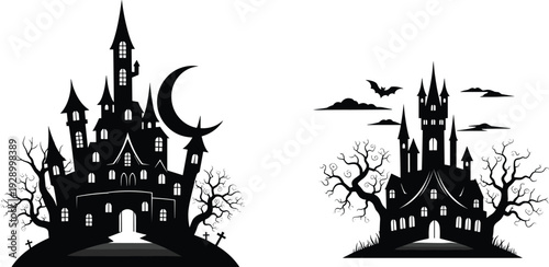 Haunted Castle Silhouette Set with Moon, Bats and Dead Trees, Spooky Halloween Fantasy Landscape, Black Gothic Vector Illustration Isolated on White