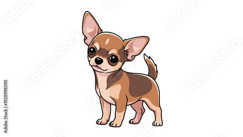 Cute brown and white chihuahua dog puppy standing alertly and looking forward on a plain white background.