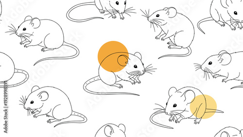 Seamless pattern of white mice line drawings with occasional orange circles as accents on a white background.