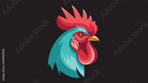 Detailed colorful illustration of a rooster head with bright red comb and blue feathers against a dark backdrop.