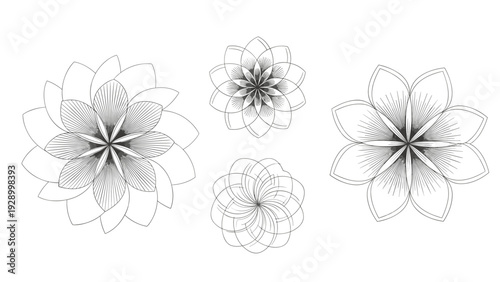 Elegant set of black and white stylized floral mandalas with intricate line details on a clean white background.