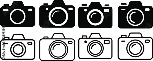 Collection of camera icons in black and white, representing photography, equipment, and creative tools.