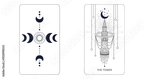 Set of mystical tarot card illustrations featuring celestial moon phases and the tower symbol in a clean minimalist black and white style.