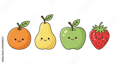 Group of four adorable cartoon fruits including an orange pear apple and strawberry each with a happy smiling face on white background.