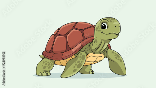 Friendly cartoon sea turtle with a brown shell walking on a light green background, ideal for children educational materials or stickers.