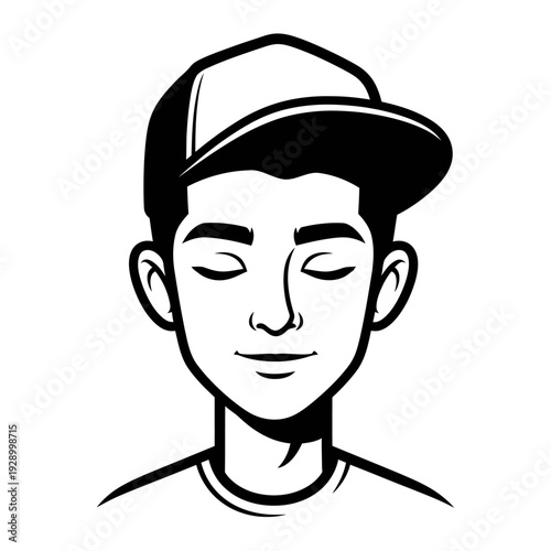 A black and white illustration of a young man wearing a baseball cap with his eyes closed.