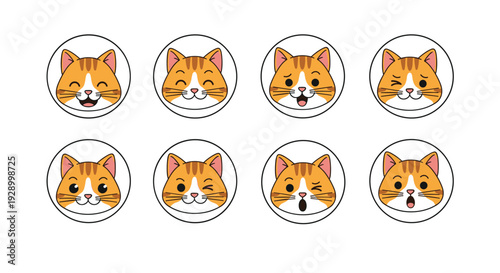 Set of eight cute ginger cat faces in circles showing various emotional expressions like happy surprised winking and laughing for stickers.