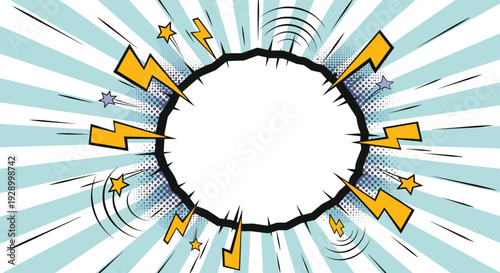 Dynamic comic book style explosion frame with lightning bolts and stars radiating from a central blank speech bubble on sunburst background.