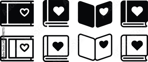 Set of book icons with hearts, symbolizing love, romance, literature, and stories of affection.