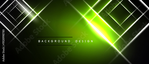 Dark background features bright green, white lines forming geometric shapes. Central glow emphasizes dynamic visual effect. Modern design element.