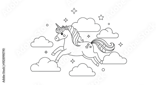 Whimsical coloring page illustration of a magical unicorn jumping through a starry sky over fluffy clouds for children activity book.
