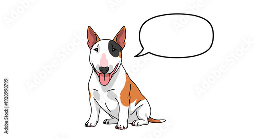 Charming cartoon illustration of a Bull Terrier dog sitting with its tongue out next to a blank speech bubble for custom text messages.