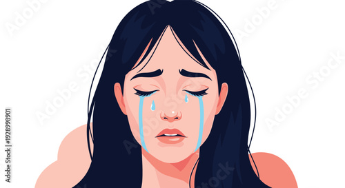 Emotional portrait of a woman with long dark hair crying with bright blue tears running down her cheeks representing sadness and grief.