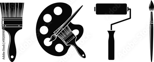 Painting and art tools silhouettes vector set including paint brushes, palette, and roller icons isolated on white background for creative design and illustration