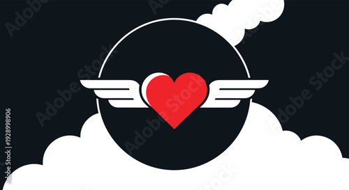 Stylized red heart with white wings centered in a dark circle against a background of white fluffy clouds for romantic or spiritual theme.