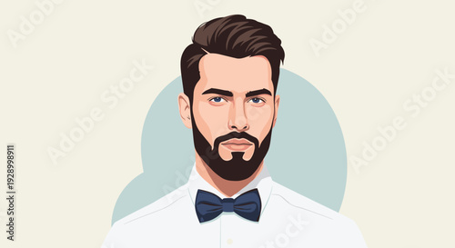 Stylish portrait of a handsome man with a groomed beard and dark hair wearing a white shirt and a navy blue bowtie for a formal look.