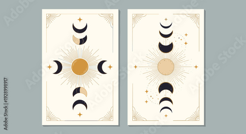 Pair of elegant tarot card designs featuring intricate sun and moon phases in gold and black on a cream background for mystical themes.