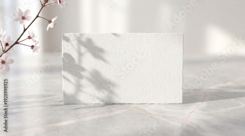 Elegant blank card mockup featuring a textured white card on marble with cherry blossoms and soft shadows, for spring invitations, branding, and elegant messages.