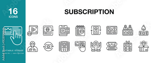 Subscription icon set. Includes subscription, subscribe, membership, plan, pricing and More. Editable Stroke Icon Collection.
