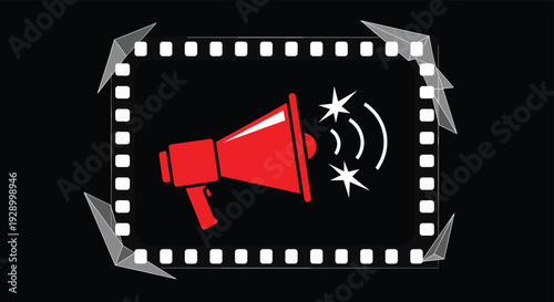 Red megaphone icon emitting sound waves placed inside a film strip frame for cinema announcements or movie promotion concept illustration.