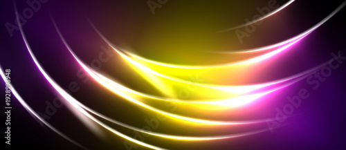 Abstract design features vibrant curves, gradients. Purple, yellow, pink hues dominate dark background. Dynamic, flowing lines create energy.