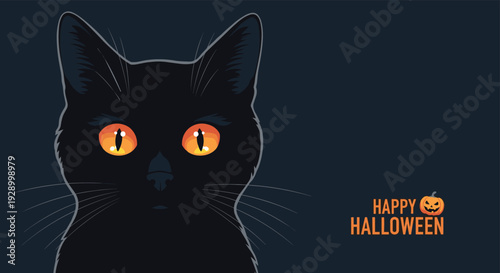 Close up portrait of a mysterious black cat with glowing orange eyes and a small pumpkin icon for a spooky Happy Halloween greeting card.