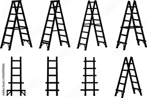 Ladder silhouette collection isolated on white background, step ladder and extension ladder set construction equipment vector illustration