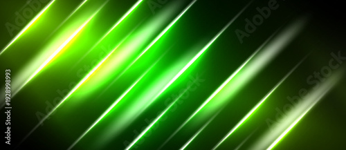 Abstract green lines radiate across black background. Dynamic composition creates futuristic, energetic visual effect. Brightness contrasts sharply.