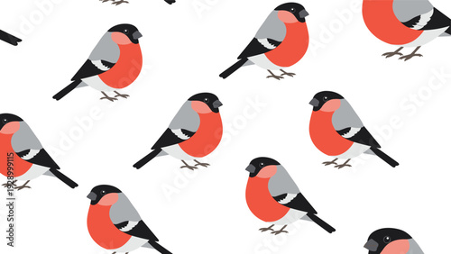 Beautiful seamless pattern featuring colorful bullfinch birds with red breasts perched in various directions on a white background.
