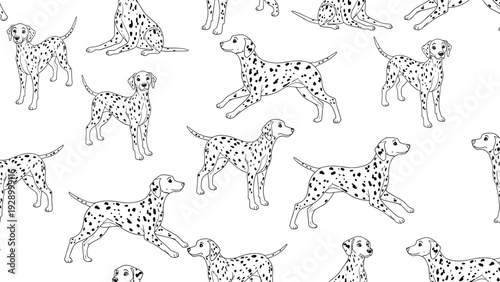Seamless pattern of hand-drawn dalmatian dogs in different poses like sitting, running, and standing for pet-themed products.