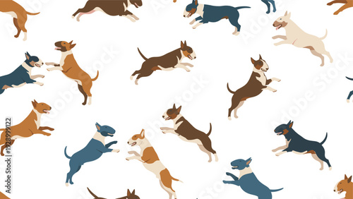 Energetic seamless pattern featuring Bull Terrier dogs jumping, playing, and running in various colors on a white background.