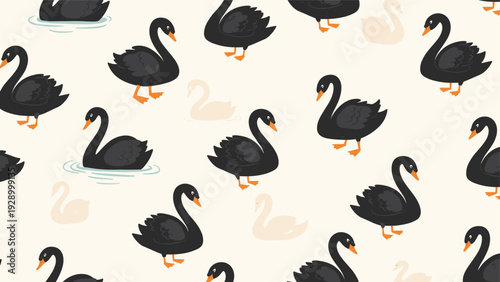 Elegant seamless pattern featuring black swans with orange beaks swimming and standing on a light background for luxury decor.