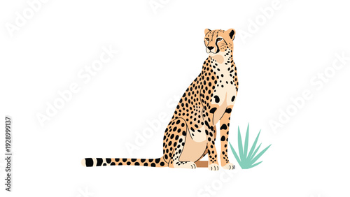 Elegant cartoon cheetah with black spots sitting calmly next to a small green plant on a white background for safari themes.