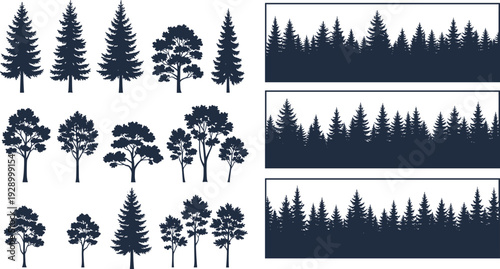 Pine and deciduous forest tree silhouettes vector set with seamless woodland borders, evergreen nature elements, minimal dark blue landscape illustration