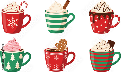 Festive Holiday Mug Vector Collection Featuring Christmas‑Themed Hot Drinks with Whipped Cream, Candy Cane, Gingerbread