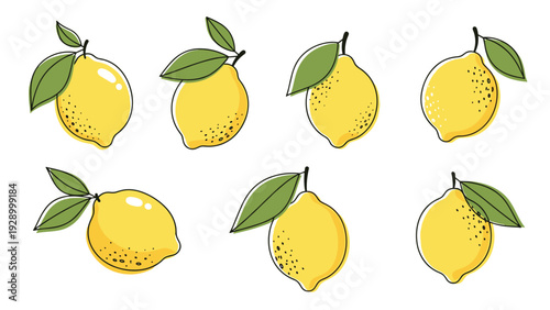Set of seven bright yellow lemons with green leaves in a hand-drawn style with slight texture for food-themed designs.