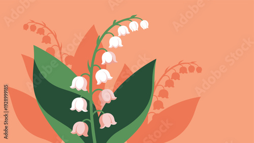 Beautiful illustration of lily of the valley flowers with delicate white bells and large green leaves on an orange background.
