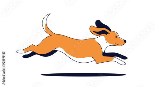Energetic cartoon dog with long floppy ears running fast with its tongue out on a white background with a shadow.