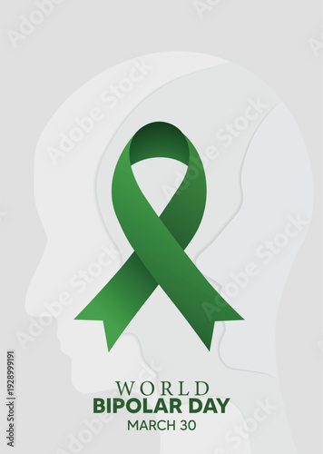 World Bipolar Day March 30 awareness with green ribbon symbol vector poster
