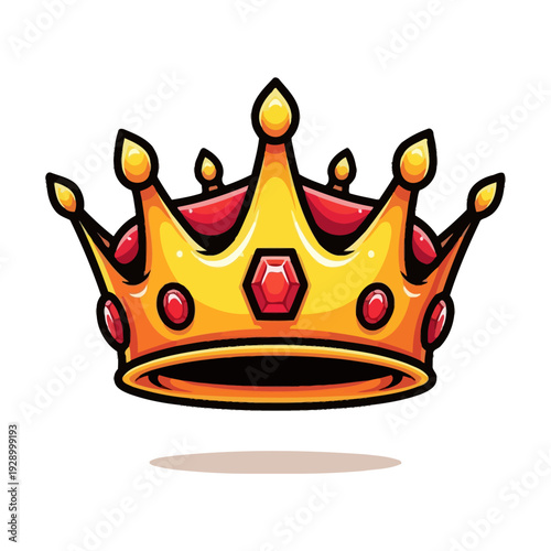 A vibrant, cartoon-style illustration of a golden crown adorned with red jewels.