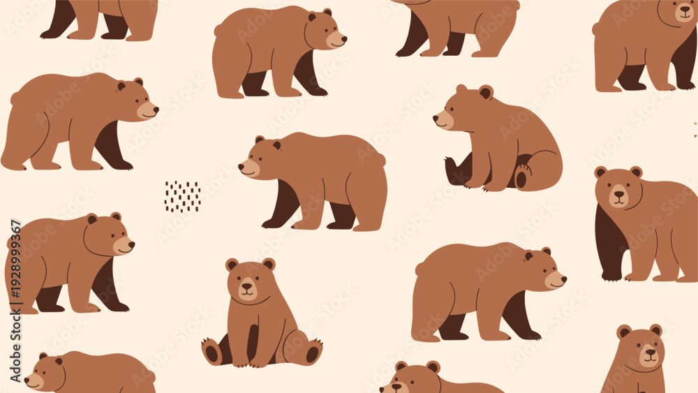 Fototapeta premium Seamless pattern features friendly brown bears in various natural poses like walking and sitting on a light background for child decor.