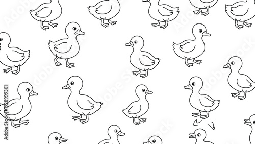 Charming seamless pattern shows a multitude of simple line drawn ducklings walking across a plain white background for nursery designs.
