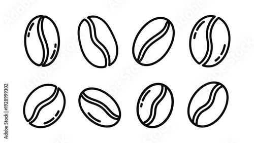 Selection of eight different coffee bean icons in black and white line art provides a versatile set for cafe branding and packaging design.