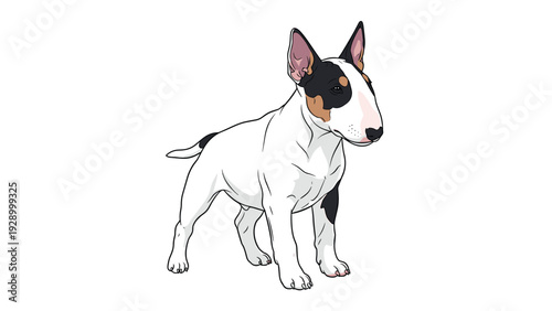Realistic illustration of a bull terrier dog with unique black and brown patches on its face is isolated on a clean white background.