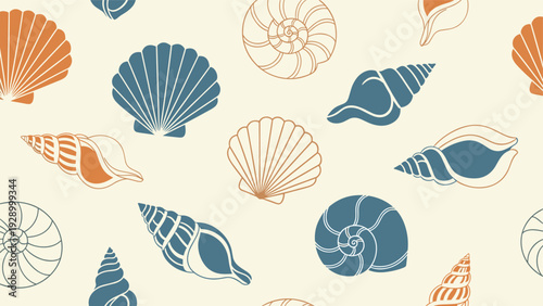 Colorful seamless pattern features various seashells in shades of blue and orange on a cream background for a coastal or beach theme.