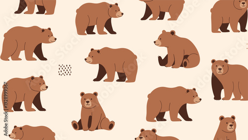 Seamless pattern features friendly brown bears in various natural poses like walking and sitting on a light background for child decor.