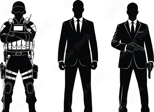 Security agent and bodyguard silhouette illustration set, armed protection and tactical defense concept, professional safety personnel in suit and combat gear isolated on white background
