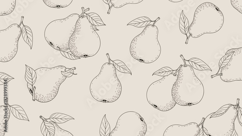 Seamless pattern of hand drawn pears in black ink on a light background provides a classic and elegant food themed texture for designs.