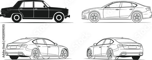Sedan car outline and silhouette vector set with front, side, and rear views, modern and classic automobile line icons isolated on white background